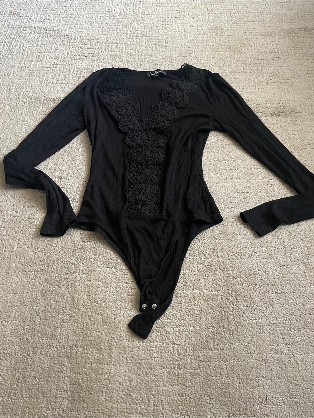 Lulu's Black Long-Sleeve Lace-Front Ribbed Bodysuit